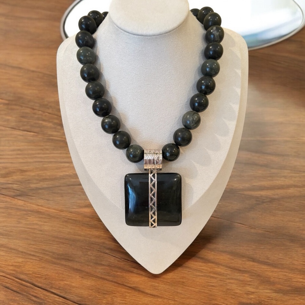 BLACK ONYX w/ 925 Silver Filigree and Dark Green Tourmaline Balls.